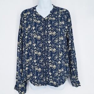 Coop‎ Navy Floral 100% Rayon Button Up Blouse Size Large